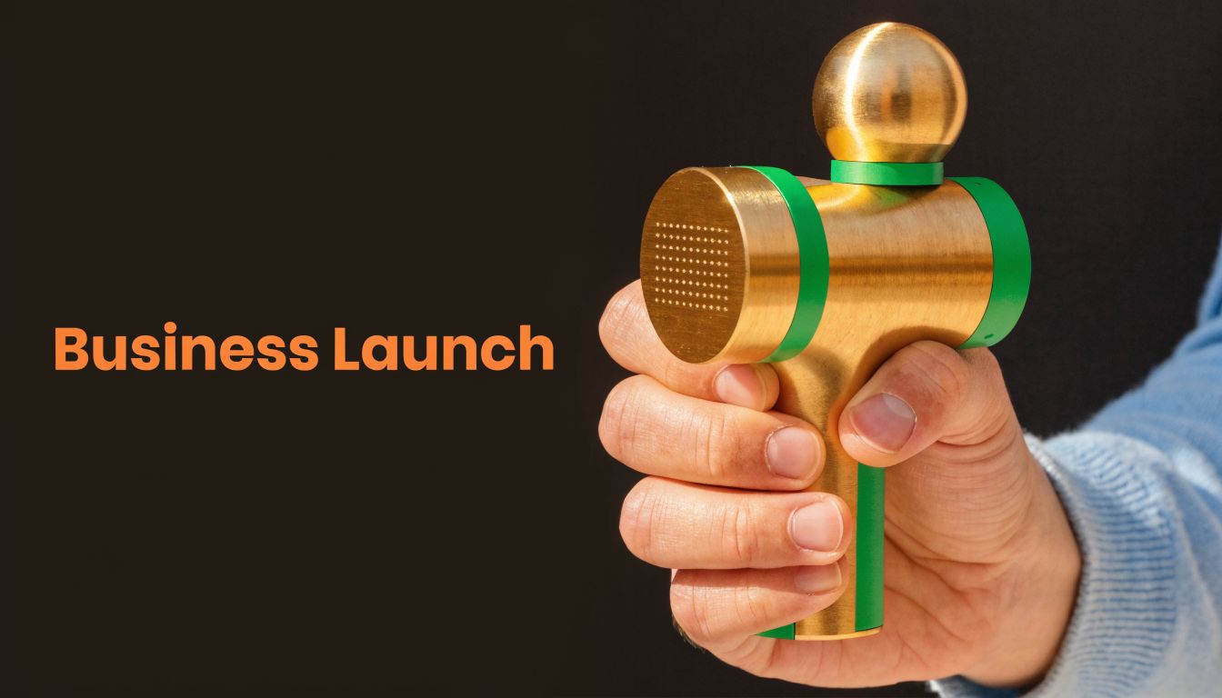 A hand holds a brass-colored medical percussion therapy device against a dark background with orange text overlay.