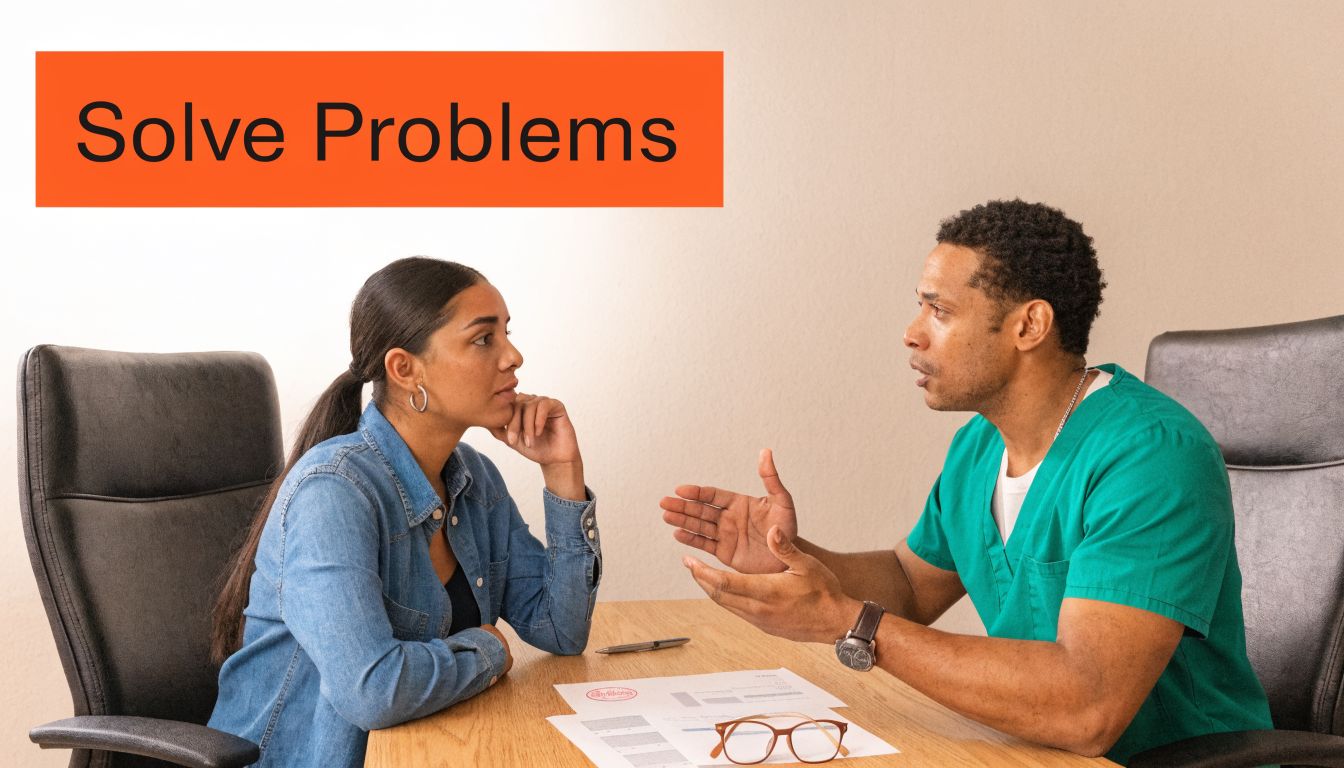 A female patient listens attentively to a male medical professional explaining treatment options during a consultation session.