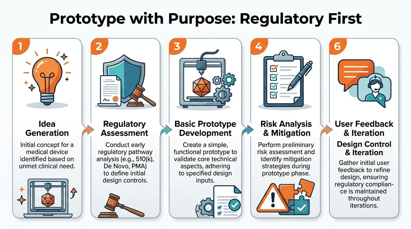 A diagram illustrating a six-step process for developing medical device prototypes with a focus on regulatory compliance.