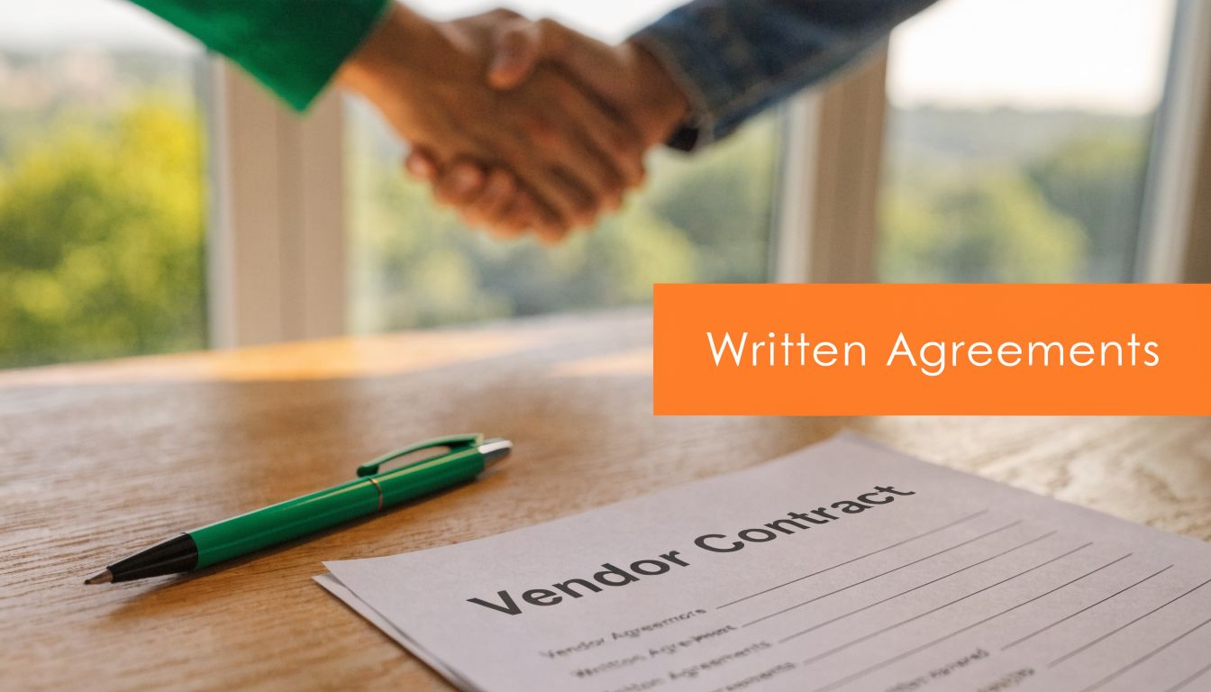 Two people shaking hands over a desk with a vendor contract and a green pen.