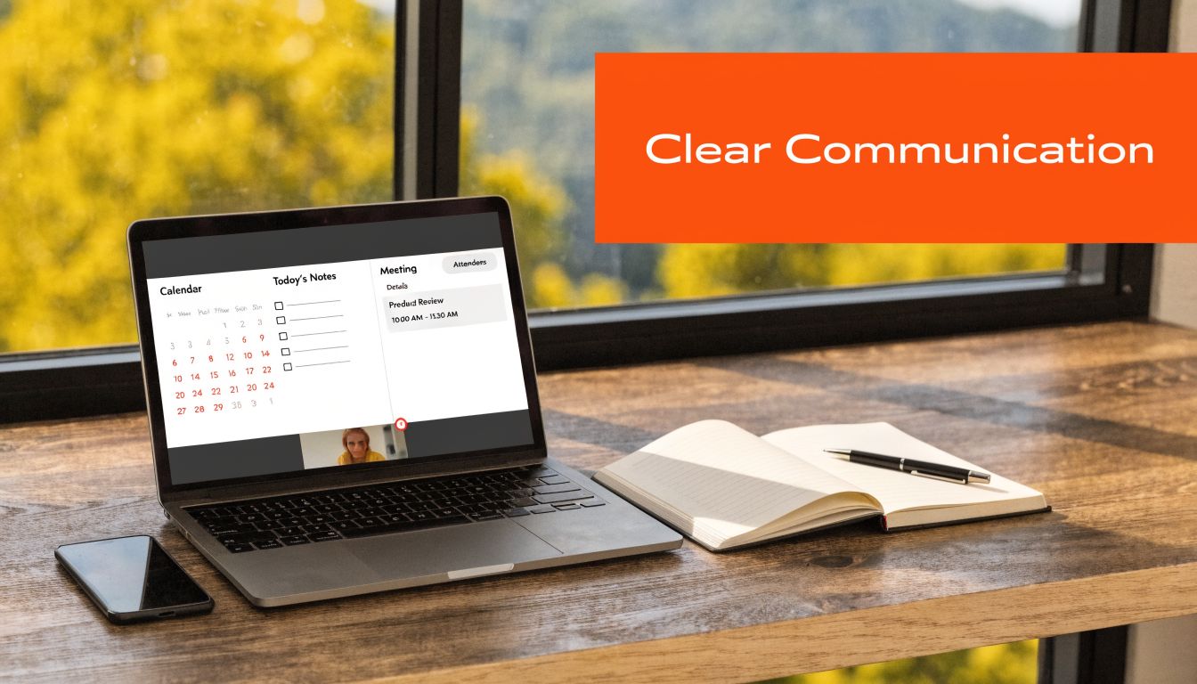 A modern laptop on a wooden desk showing a calendar and meeting notes for office work.