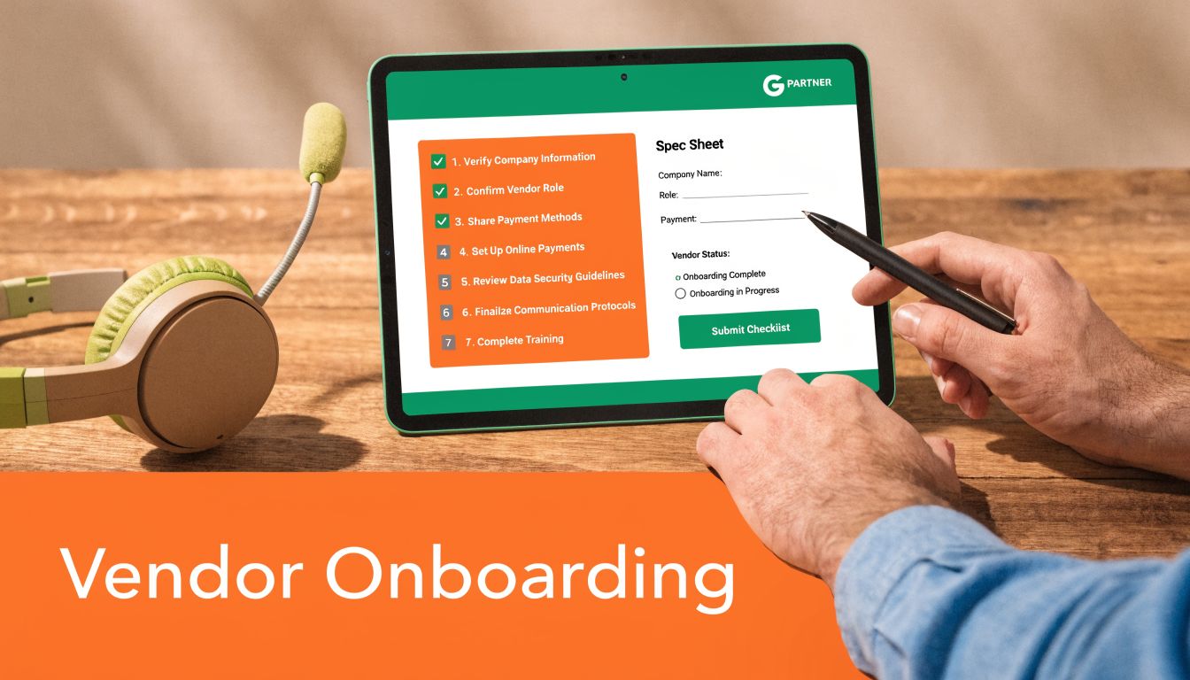 A person using a stylus on a tablet screen showing a vendor onboarding checklist and registration form.