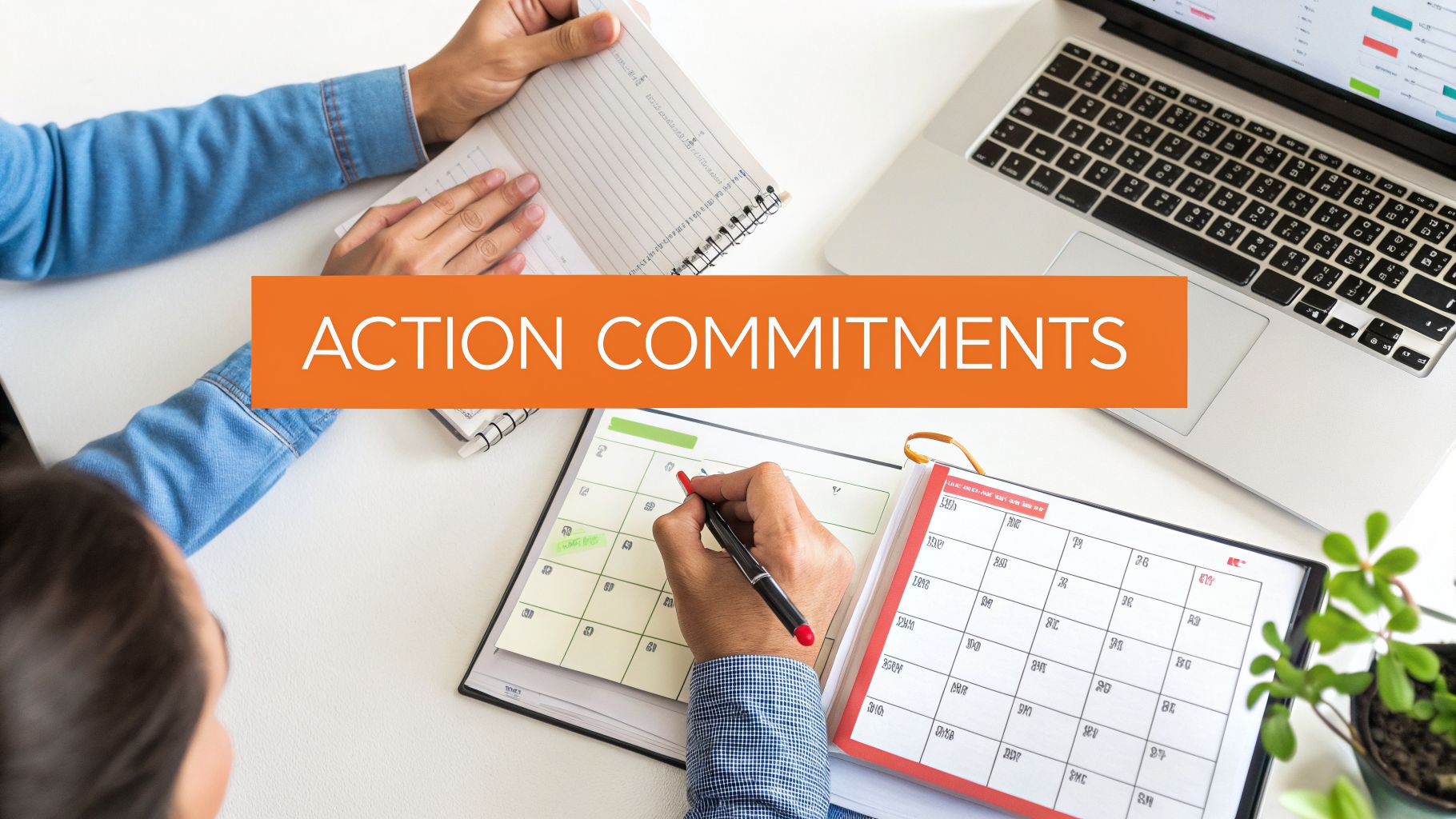 Overhead view of people making notes in planners and using a laptop, with an 'ACTION COMMITMENTS' banner.