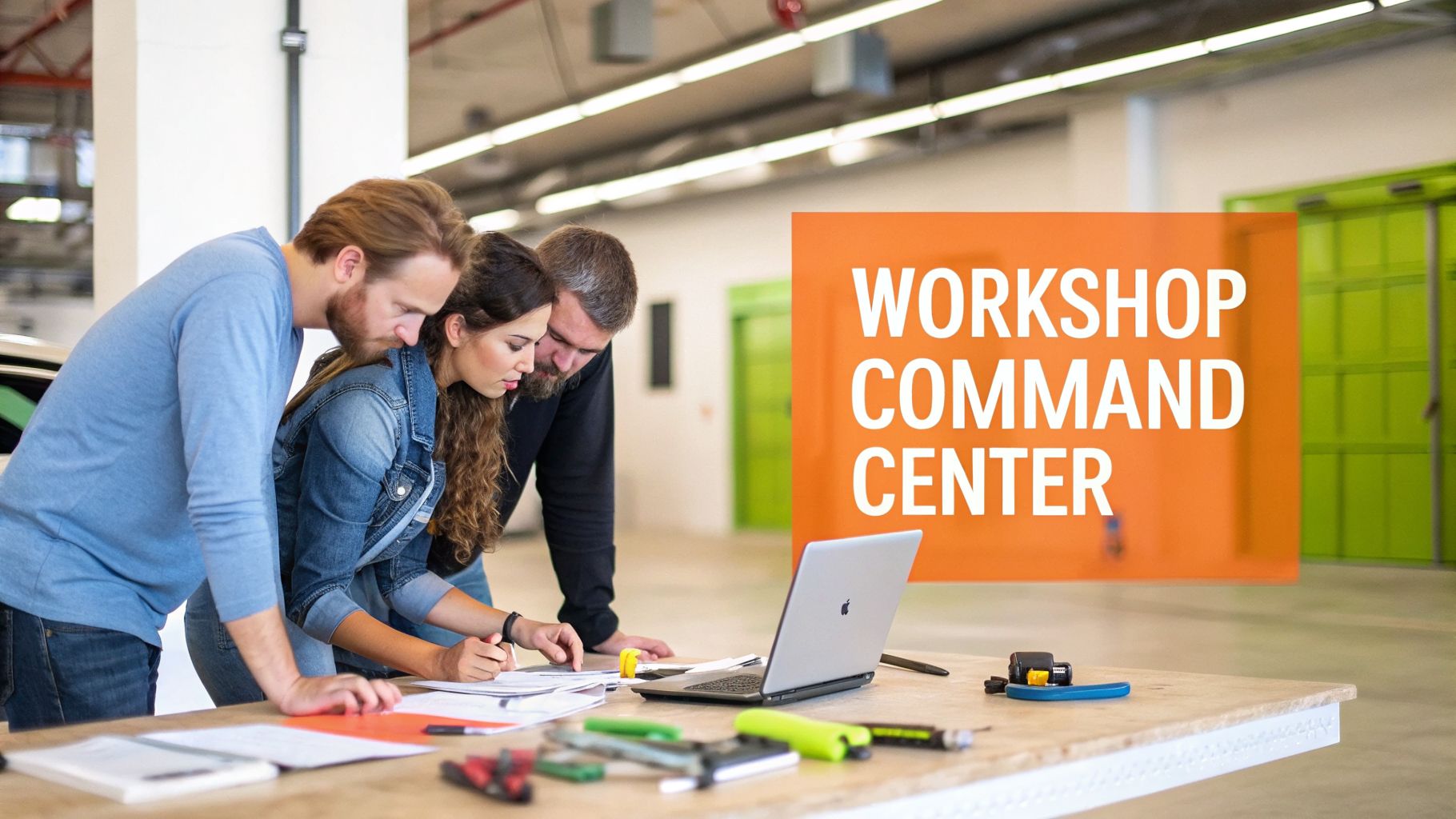 Three professionals collaborating on a project in a bright, modern workshop space, looking at documents and a laptop.