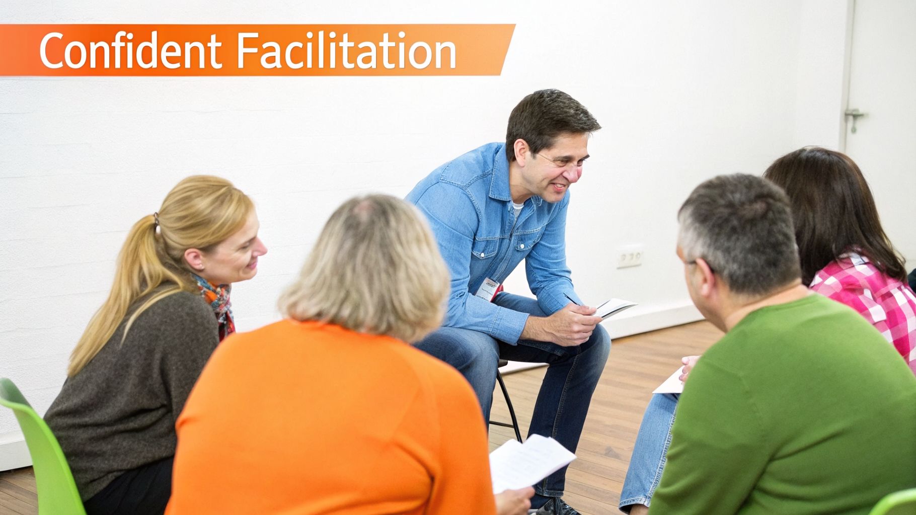 A confident male facilitator smiles while leading a group workshop with engaged participants.