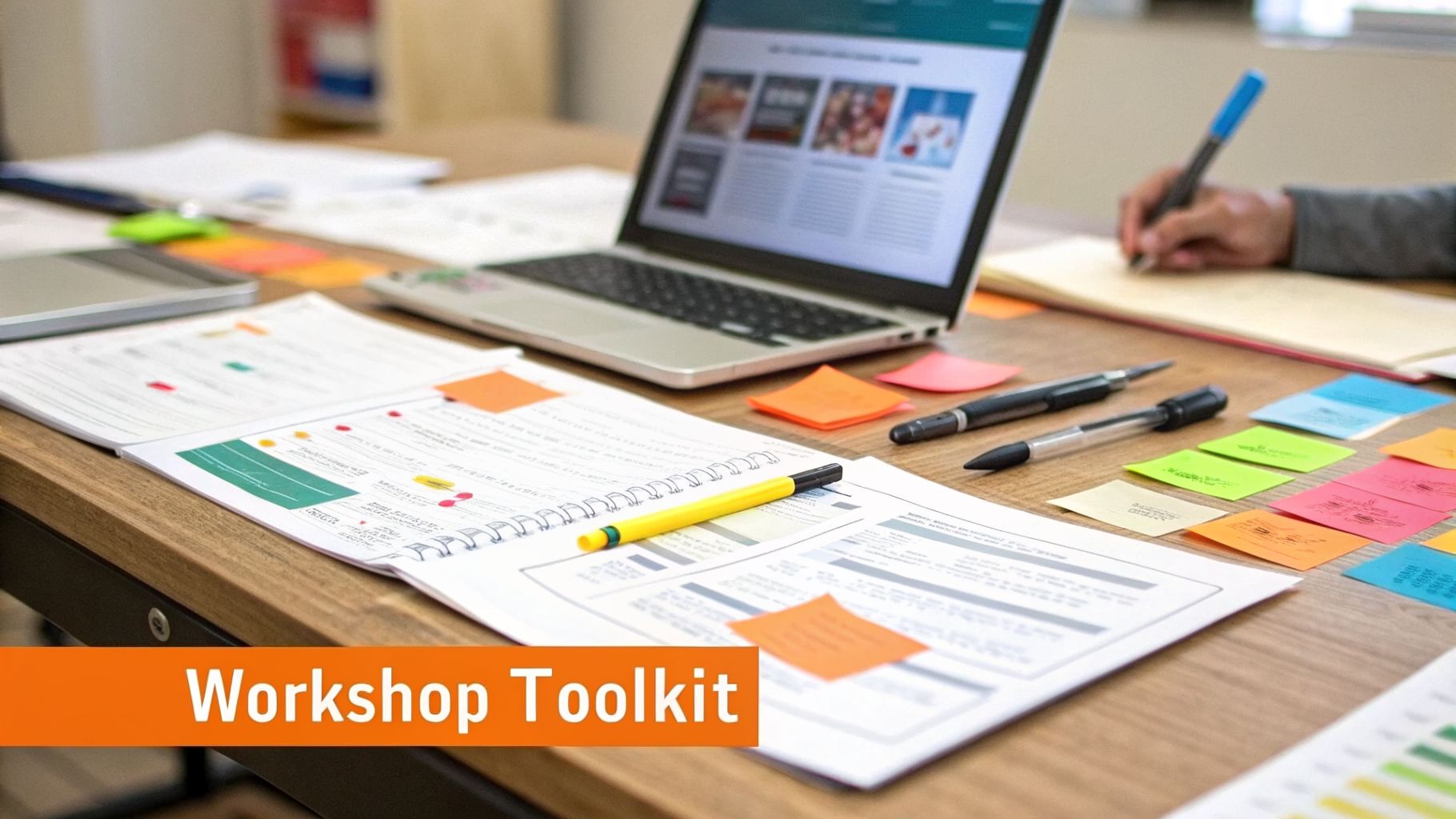 A collaborative workspace with a laptop, documents, pens, and colorful sticky notes, with a person actively writing.