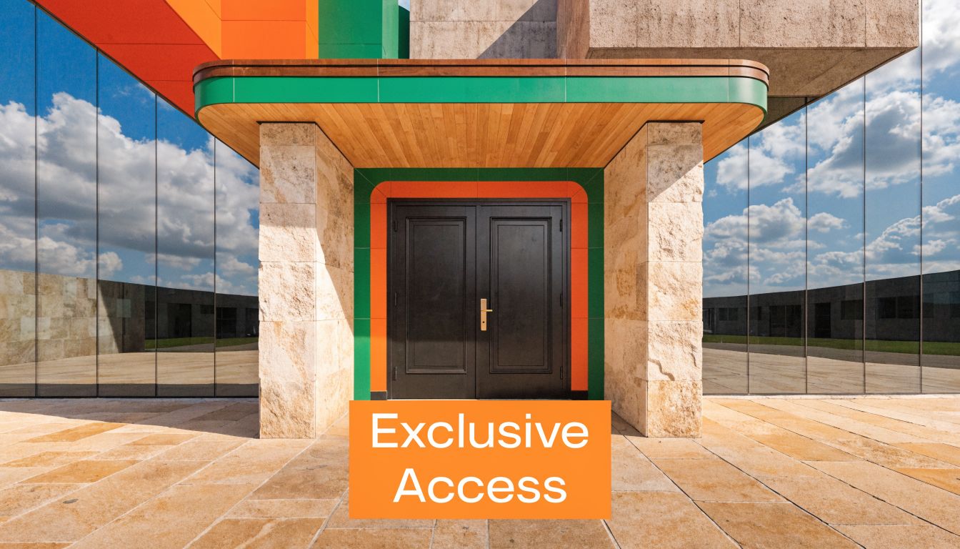 A modern building entrance featuring stone pillars, a dark double door, and vibrant orange and green accents.
