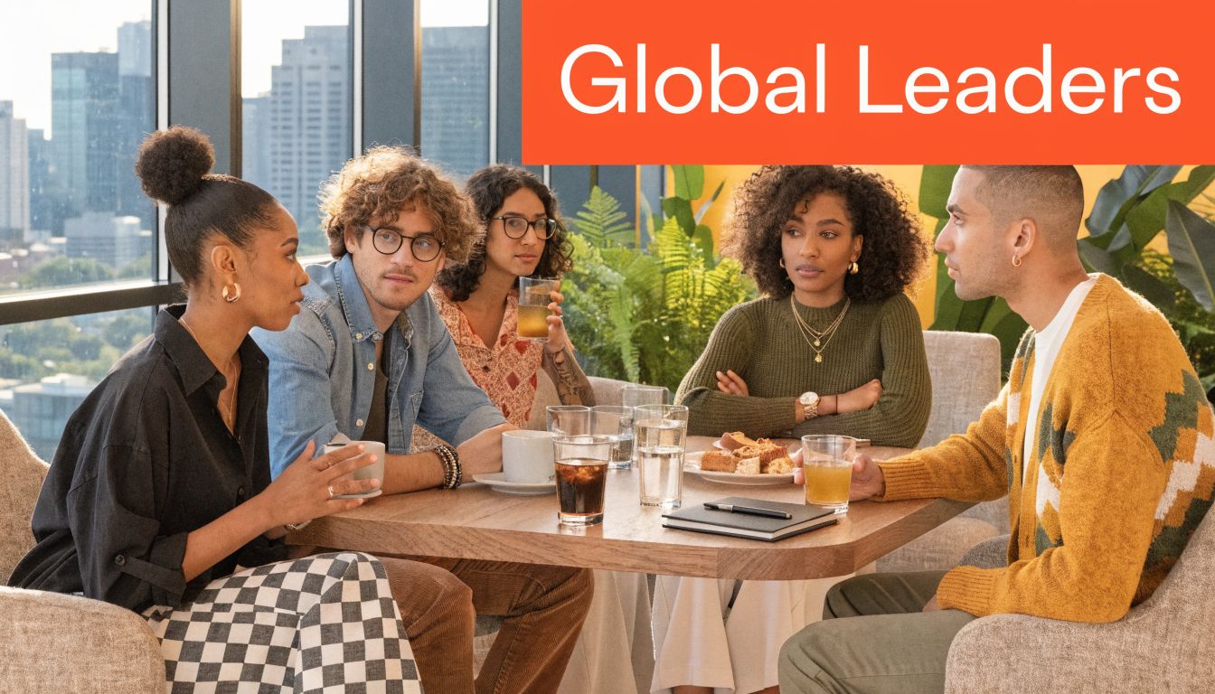 A group of diverse young professionals discussing business while having drinks and snacks at a table.