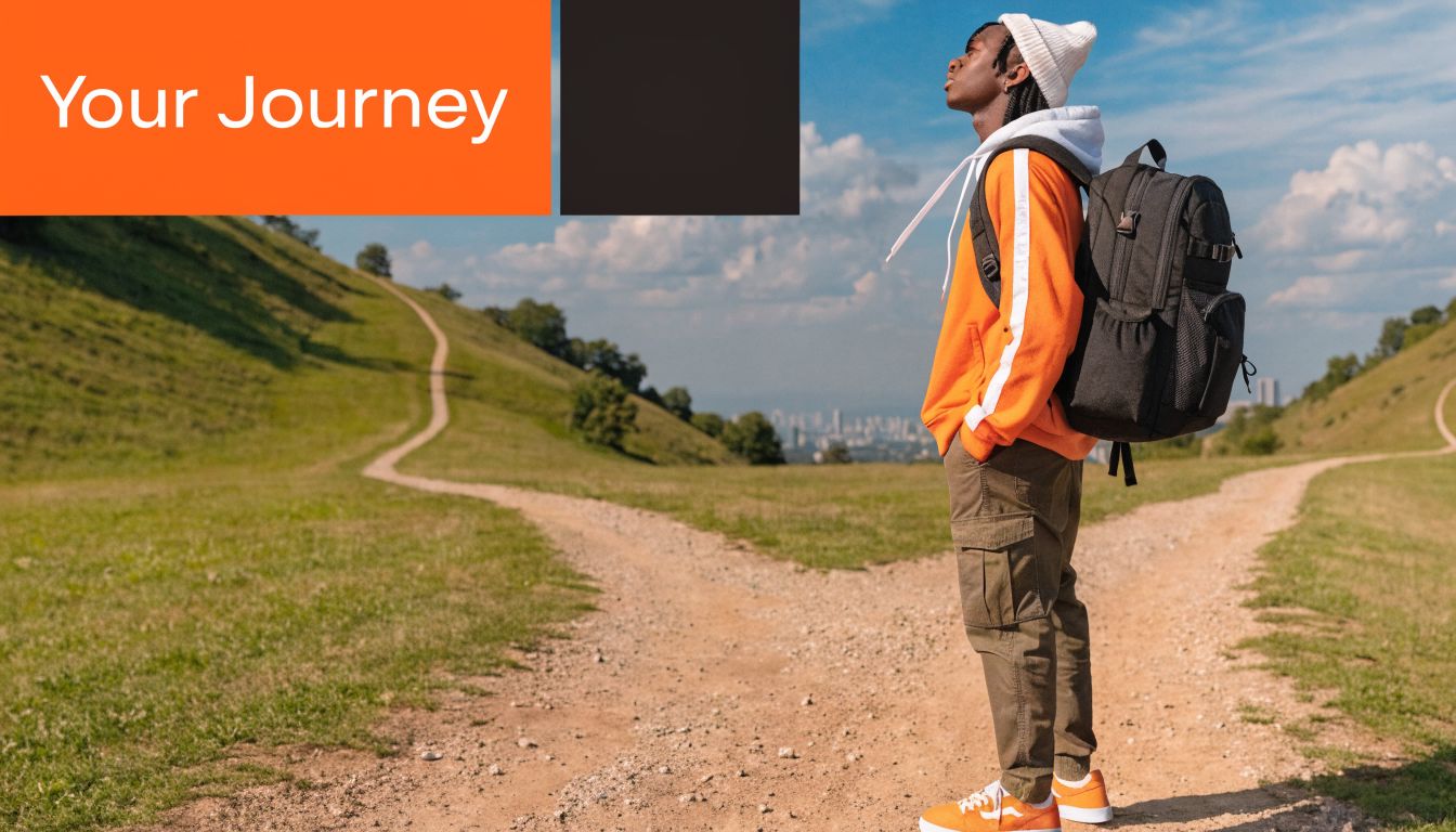 A young man with a backpack stands at a fork in a dirt path looking ahead.