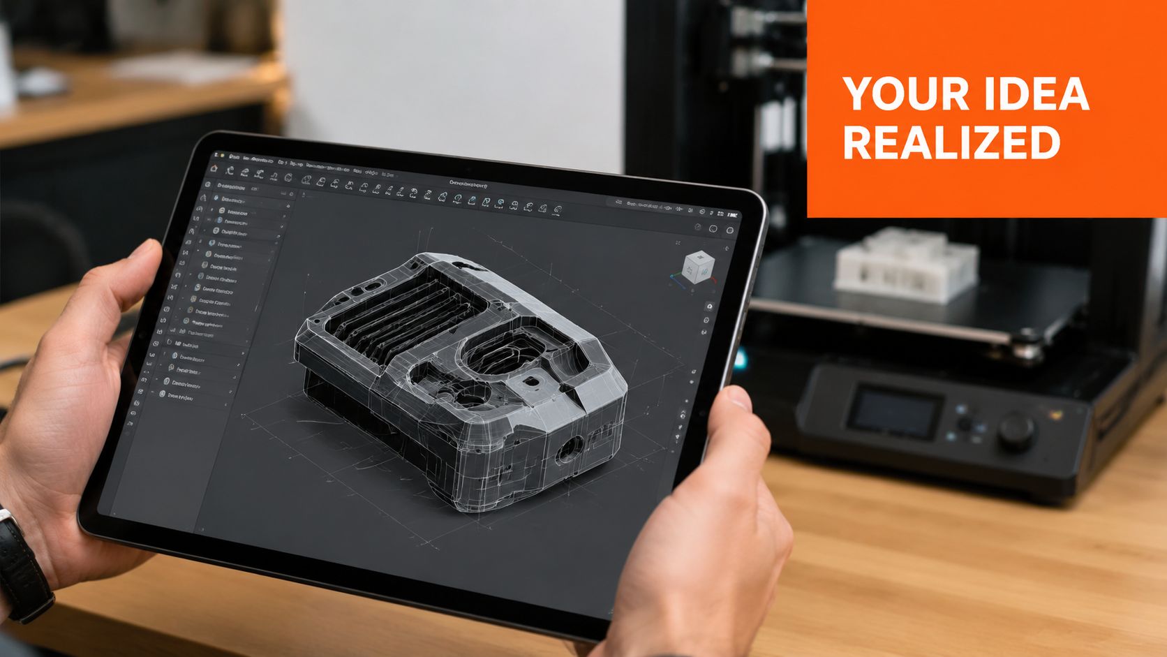 A person holding a tablet displaying 3D design software next to a functional 3D printer.
