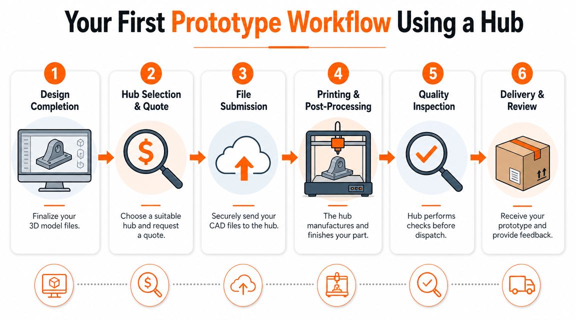 A six-step infographic illustrating the prototype workflow process using a 3D printing hub service.