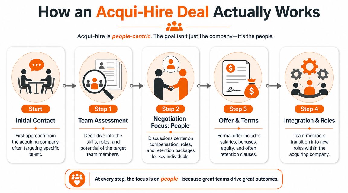 A five-step flowchart explaining how an acqui-hire deal works from initial contact to team integration.