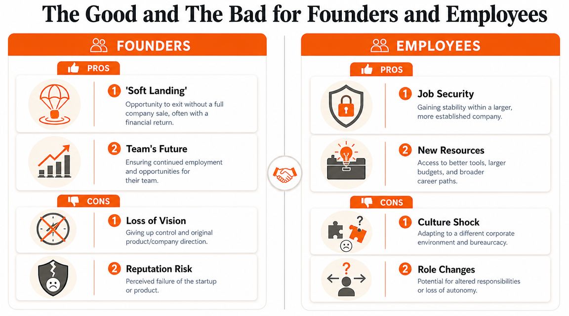 A chart comparing the benefits and drawbacks of company acquisition for both startup founders and employees.