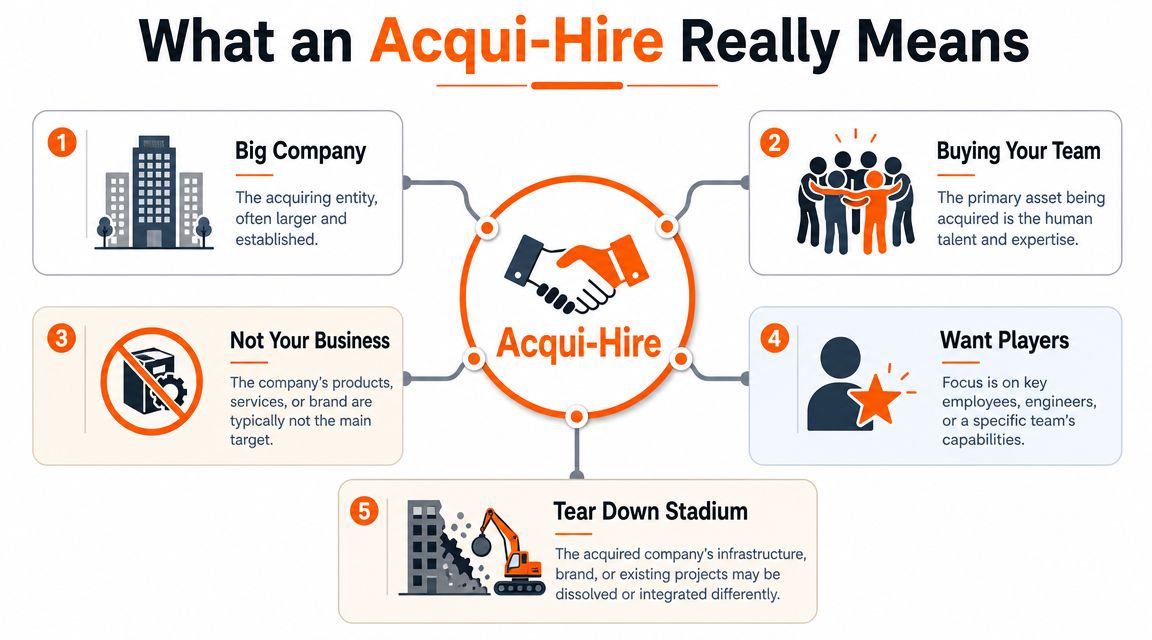 A diagram explaining the acqui-hire concept, highlighting the focus on acquiring human talent over products or infrastructure.