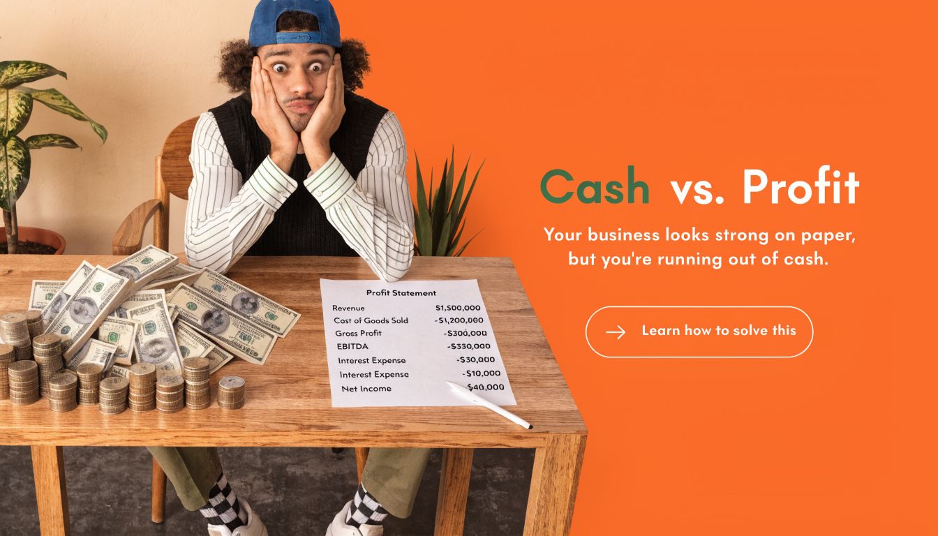 A concerned man sits at a desk with piles of cash and a profit statement showing financial struggles.