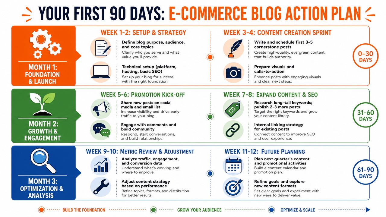 An infographic titled your first 90 days of an e-commerce blog action plan with three monthly phases.