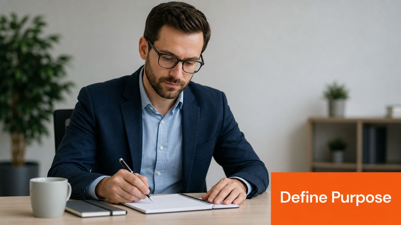 A professional businessman in a suit writing notes in a notebook at an office desk.