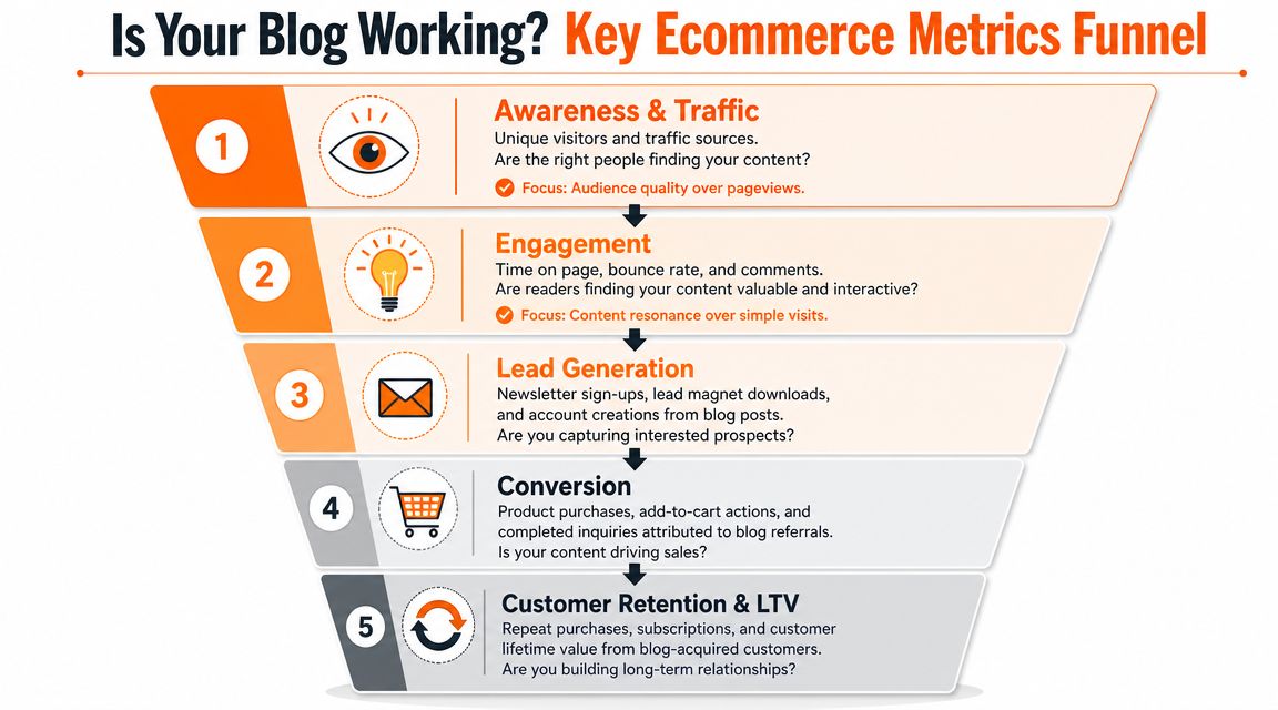 A five-step ecommerce metrics funnel chart illustrating how a blog drives sales and customer retention.