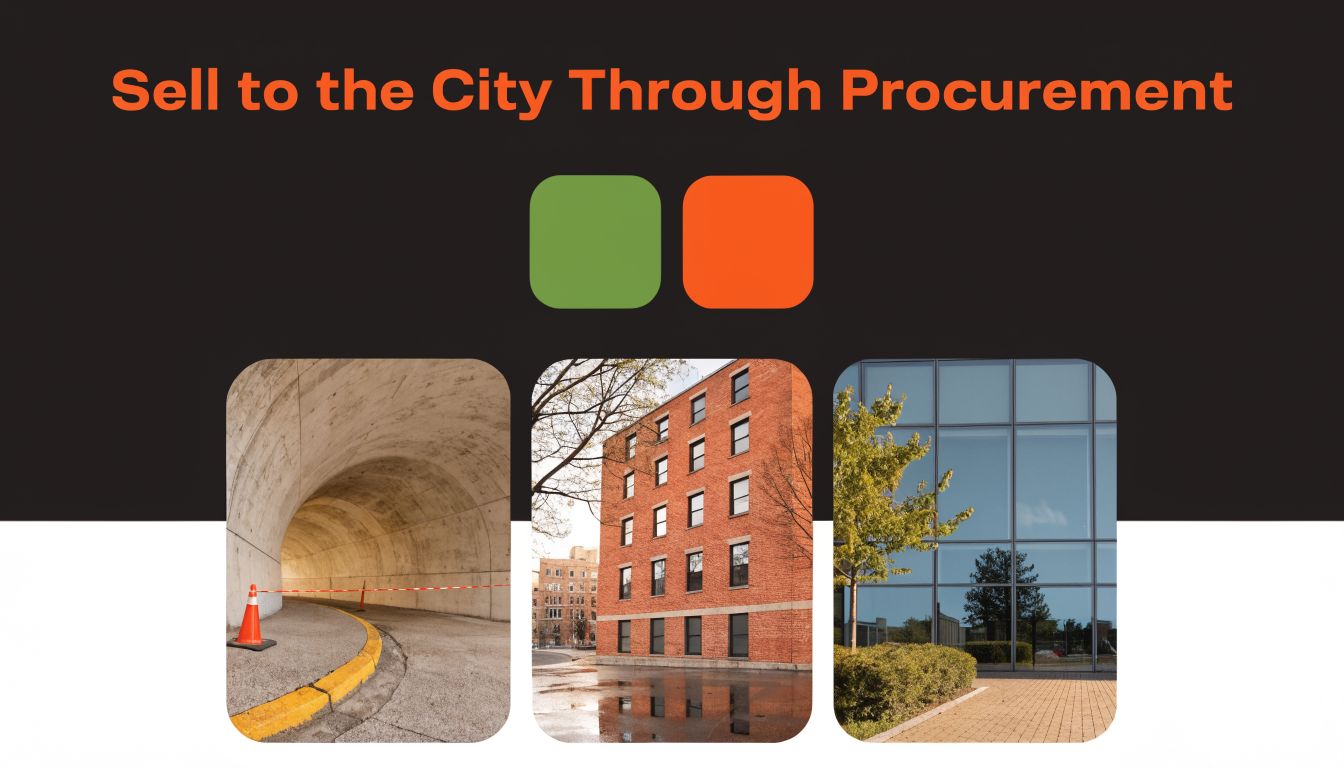 A graphic design banner promoting business opportunities with the city, featuring building and tunnel architecture images.