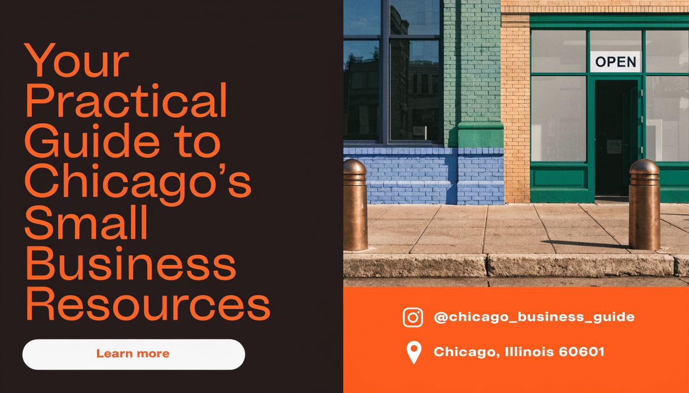 A marketing flyer for Chicago small business resources featuring a storefront image and contact information.