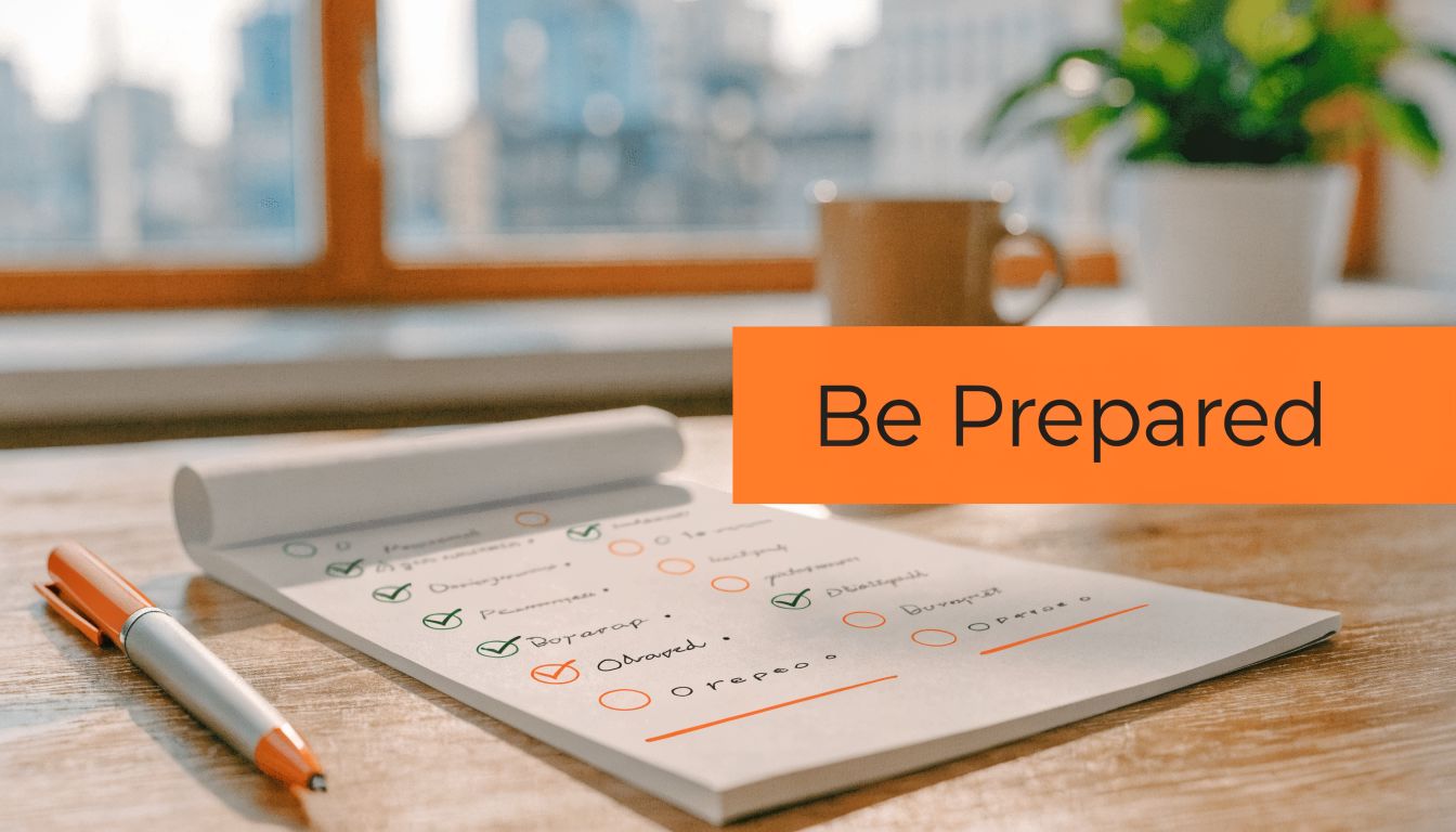 A notepad with a checklist, an orange pen, and the words Be Prepared on a desk.