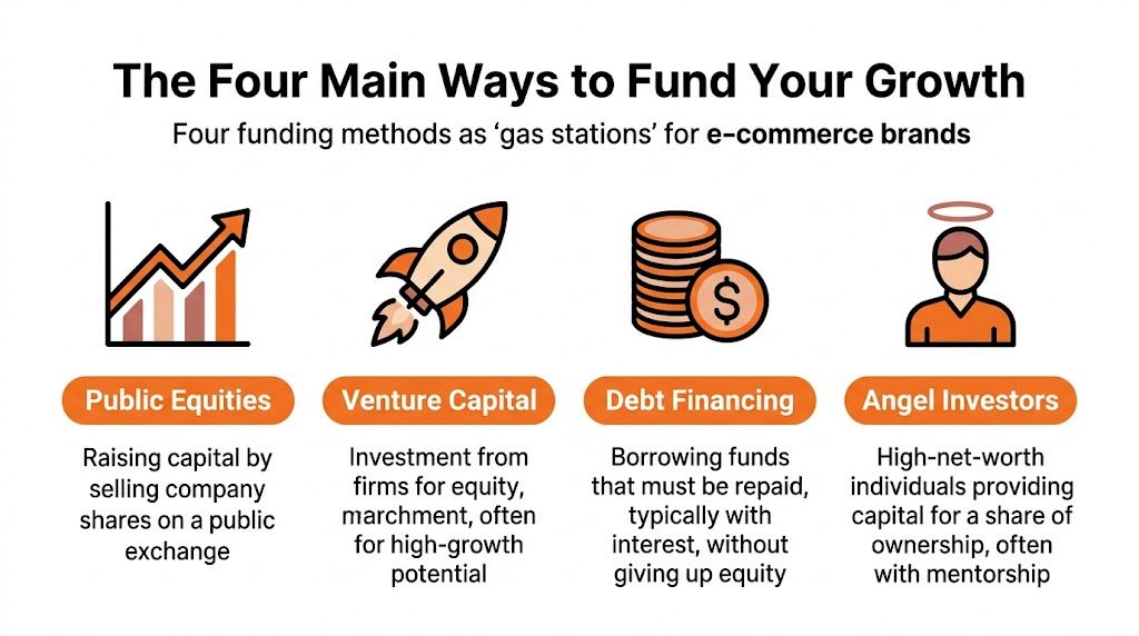 An infographic showing the four main funding methods for e-commerce brands including public equities, venture capital, debt financing, and angel investors.