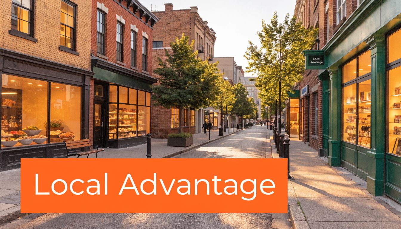A charming street with brick buildings and storefronts under warm, golden hour sunlight in a city.