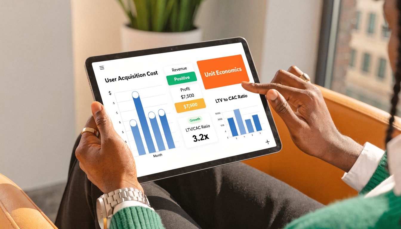 A person holds a tablet displaying colorful financial charts, graphs, and business metrics for unit economics analytics.