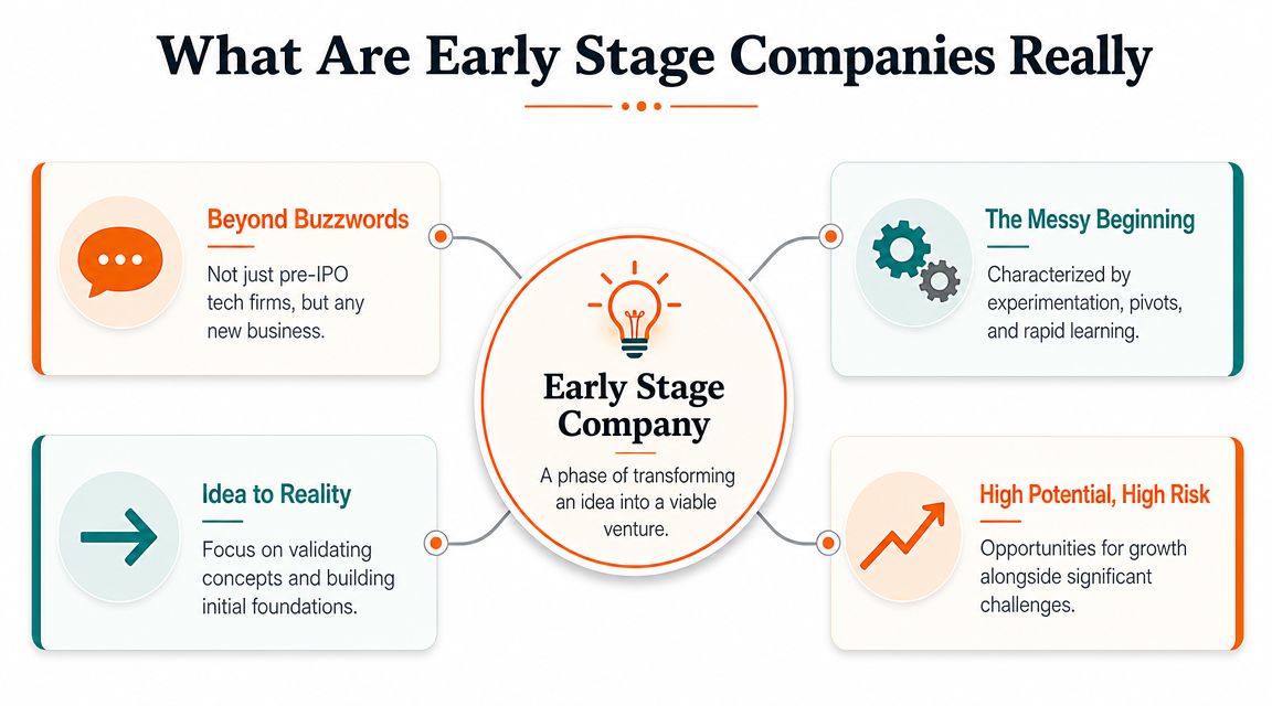 A diagram defining early stage companies as a phase of transforming an idea into a viable venture.
