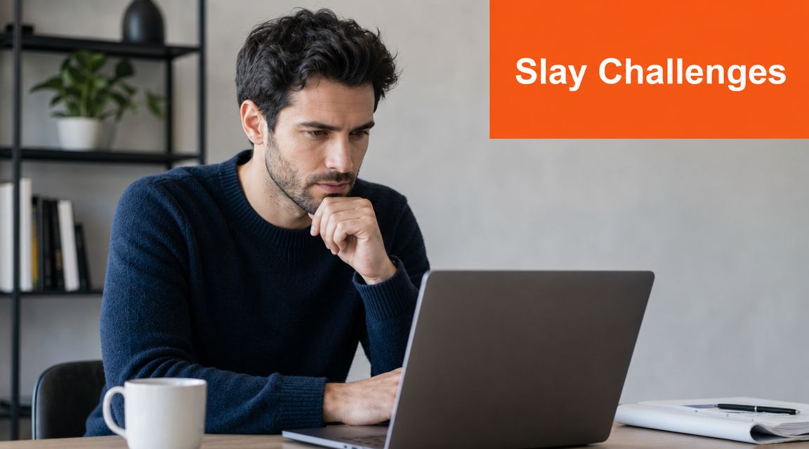 A focused man with a beard sits at a desk working on his laptop while contemplating challenges.