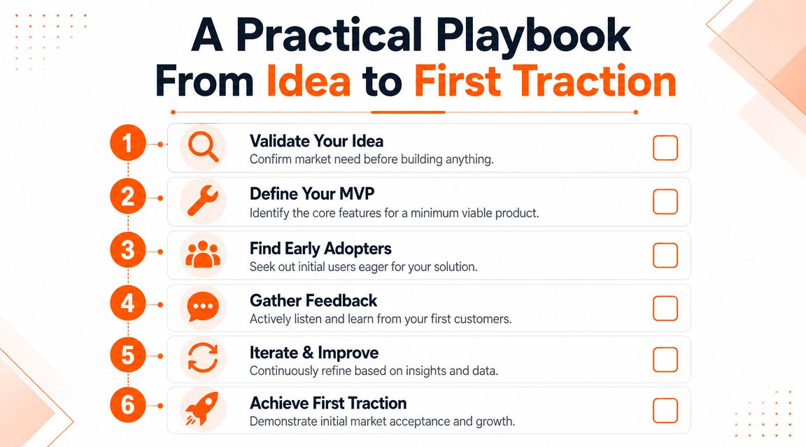 A six-step checklist infographic for early-stage companies to transition from initial ideas to market traction.