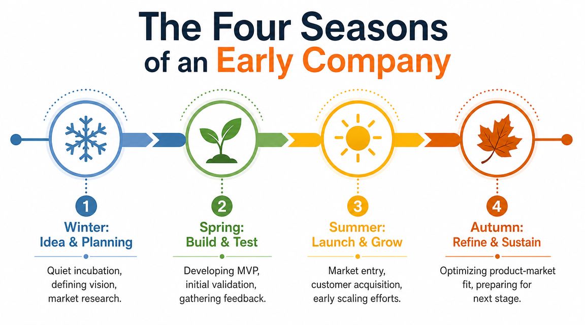 An infographic showing the four seasons of an early stage company development lifecycle from idea to sustainability.