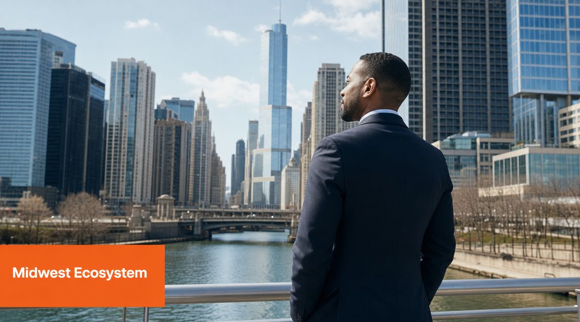 A professional man in a business suit looking out over the Chicago skyline near a river.