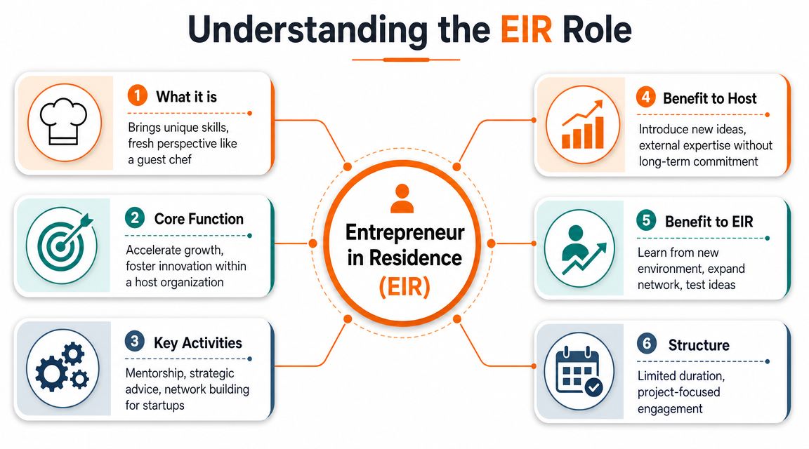 An infographic titled Understanding the EIR Role showing six key aspects of the Entrepreneur in Residence position.