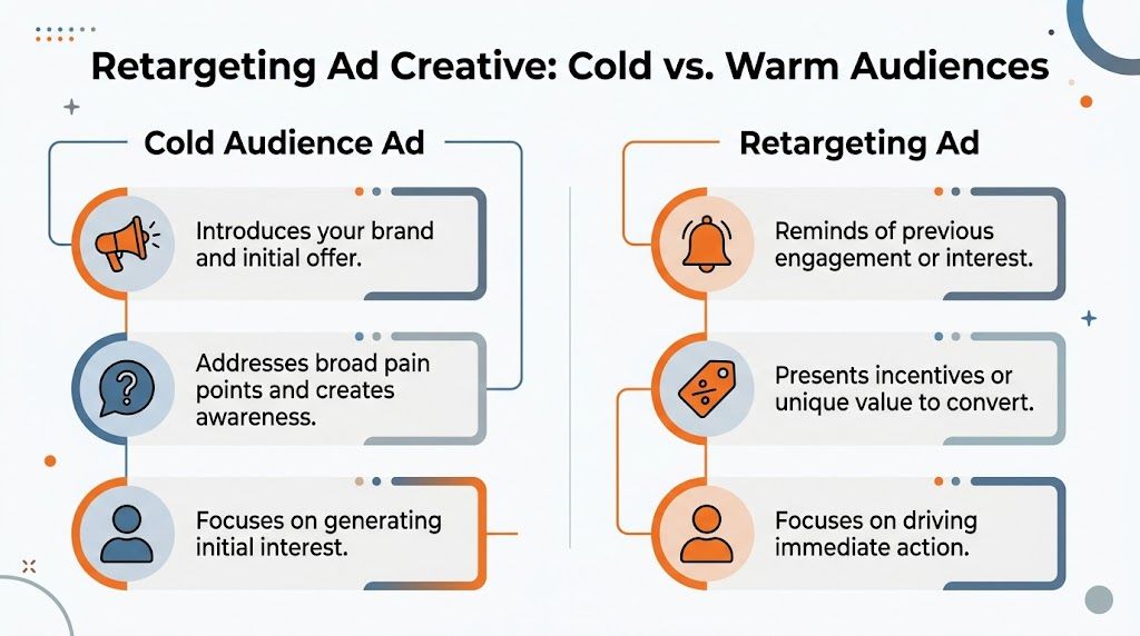 A comparison chart showing key differences between Cold Audience Ads and Retargeting Ads strategies for marketing.