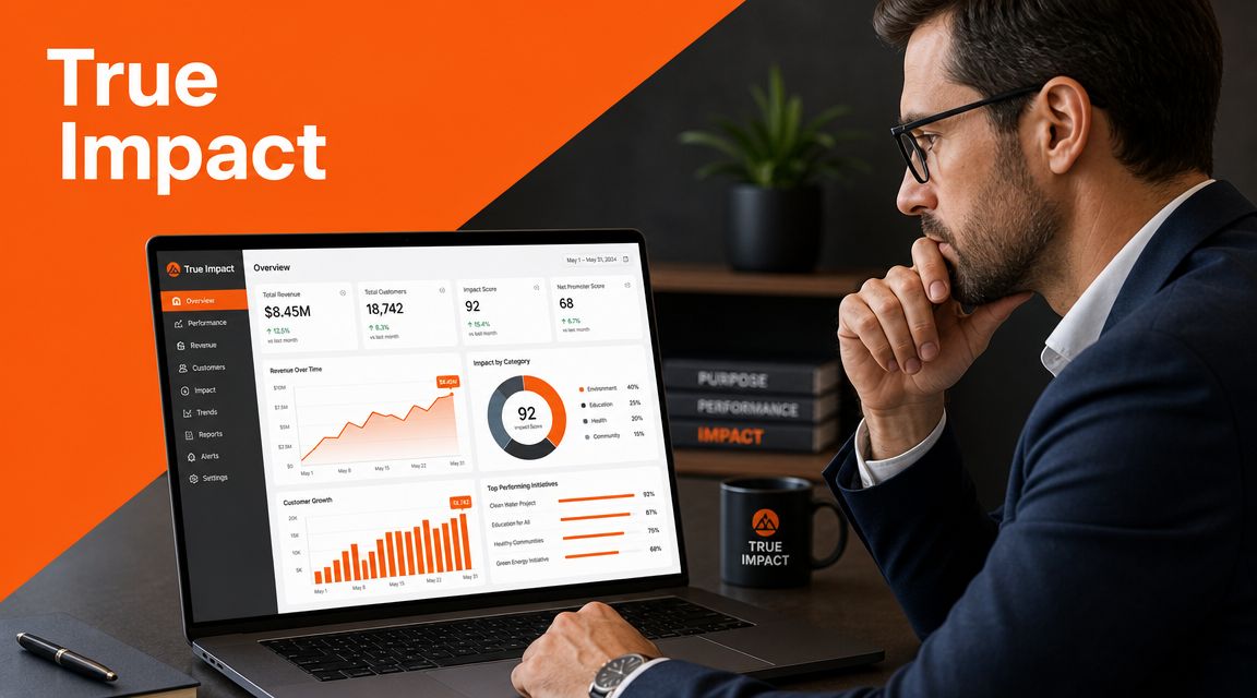 A professional man looking at a business analytics dashboard displayed on his laptop at his desk.