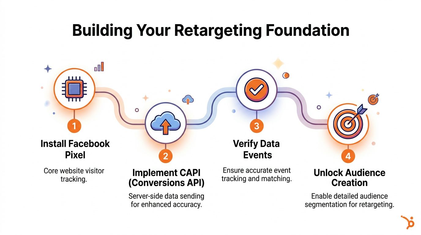 A four-step infographic illustrating the process of building a foundation for Facebook retargeting campaigns.
