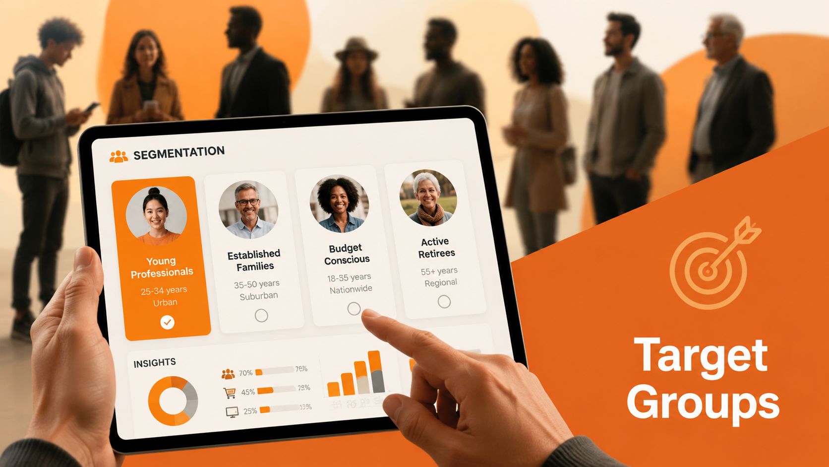 A person holding a tablet displaying customer segmentation demographics and target group marketing insights.