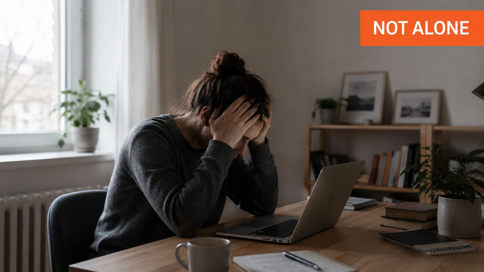 A woman sitting at a desk with a laptop, holding her head in apparent distress or burnout.