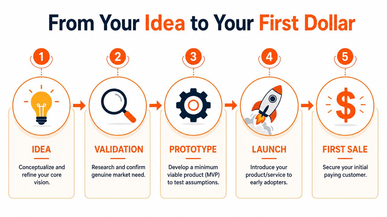 A five-step infographic showing the business process from an initial idea to securing the first sale.