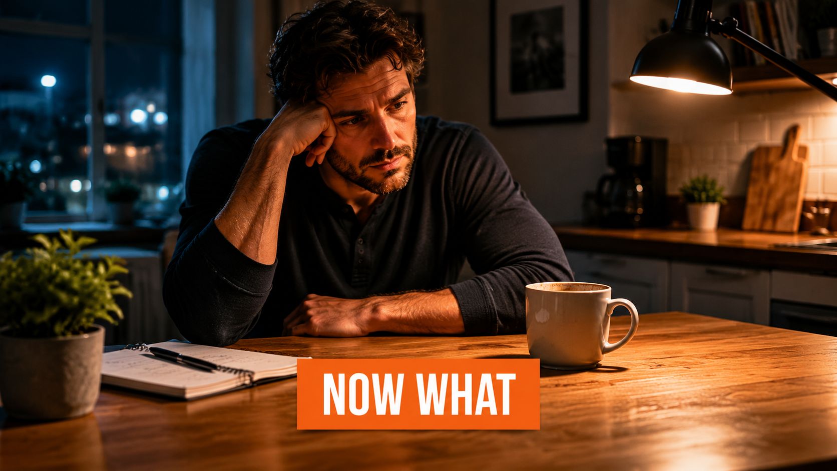 A pensive man sitting at a wooden kitchen table with a notebook and coffee, appearing lost in thought.