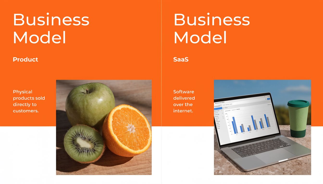 A split graphic comparing a physical product business model using fruit with a SaaS model using a laptop.