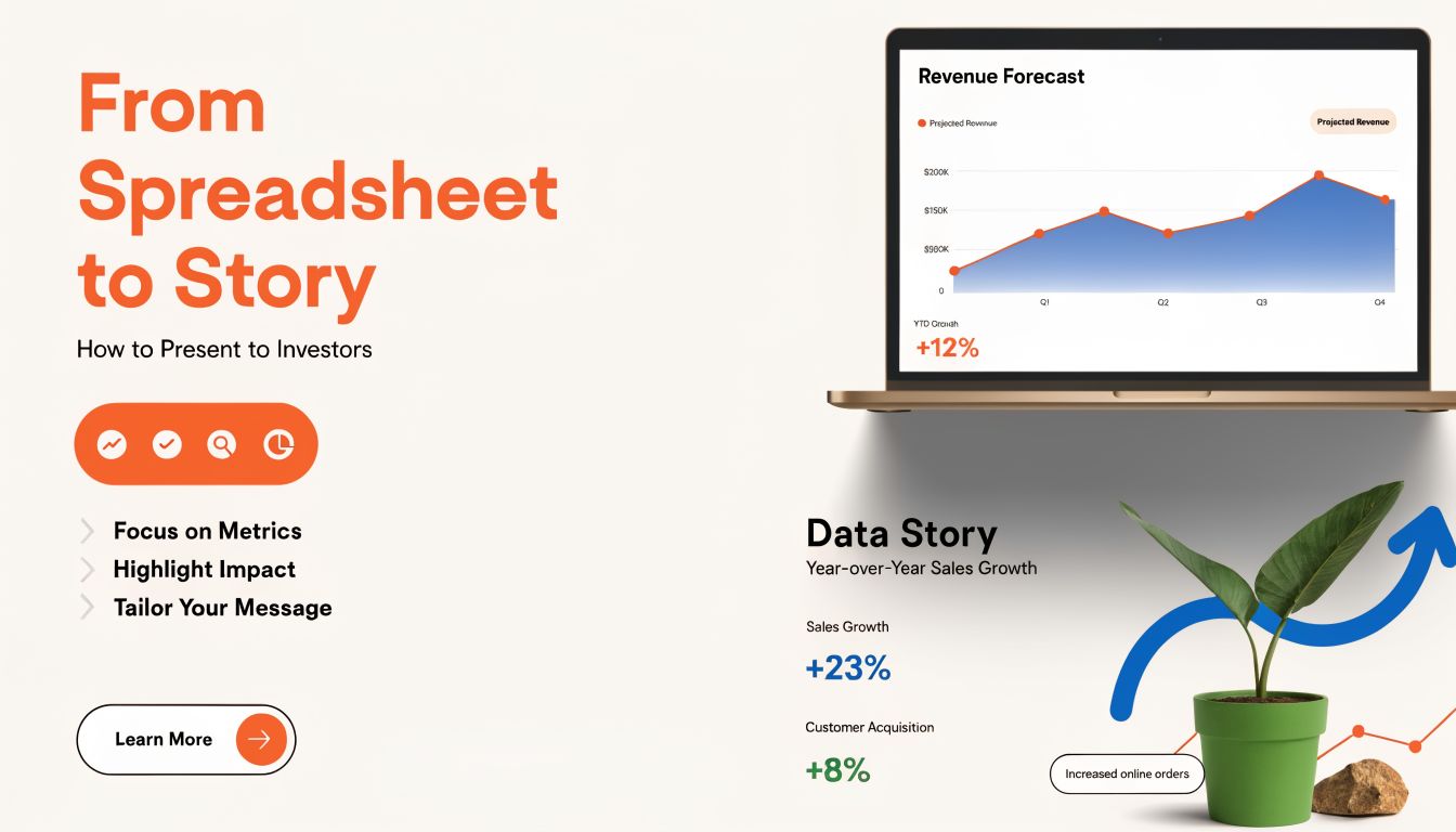 A digital presentation slide about transforming spreadsheet data into compelling investor stories with revenue forecast graphs.