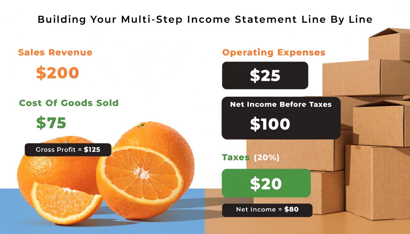 An infographic illustrating how to build a multi-step income statement with financial values and orange fruit imagery.