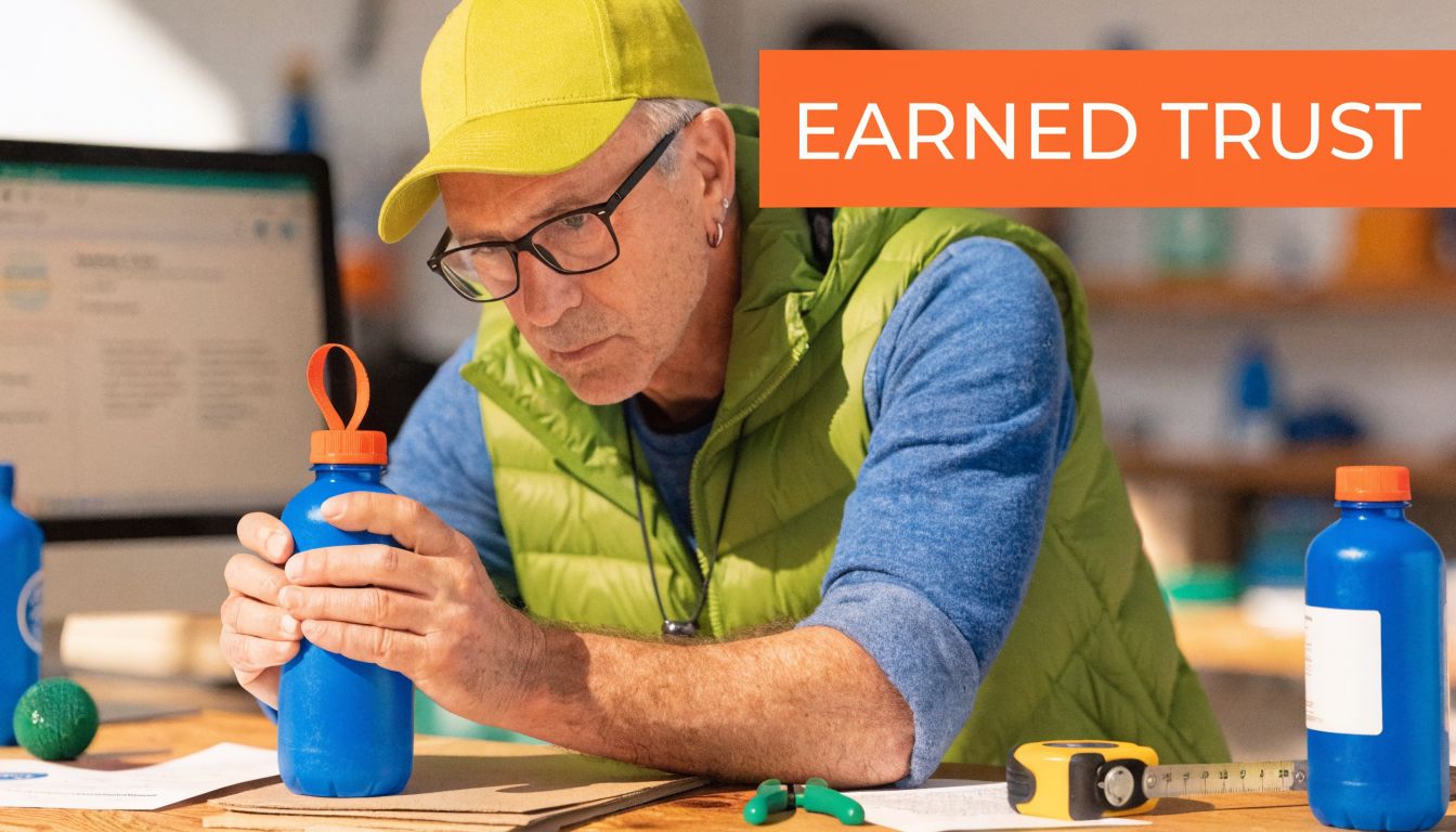 A man with glasses and a yellow cap inspecting a blue bottle at his workspace.