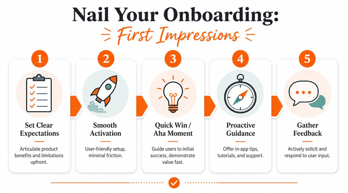 A five-step infographic guide titled Nail Your Onboarding, explaining how to improve first impressions for new customers.