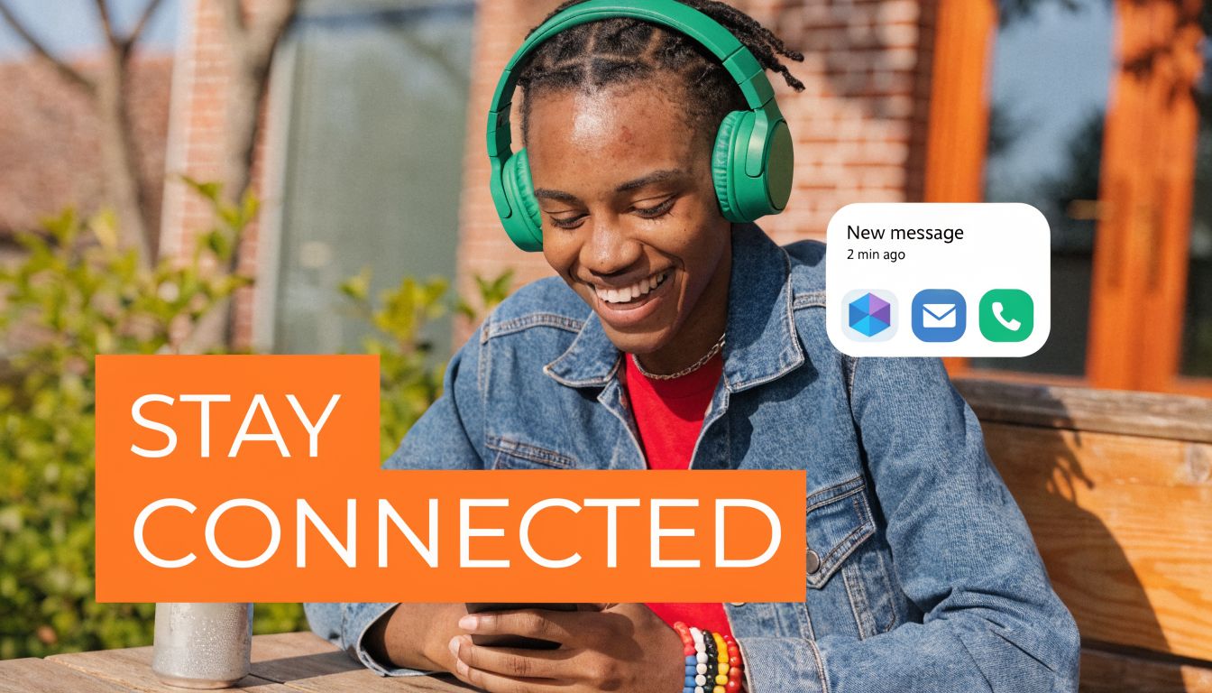 A happy person wearing green headphones smiling while looking at a smartphone with digital notification icons.