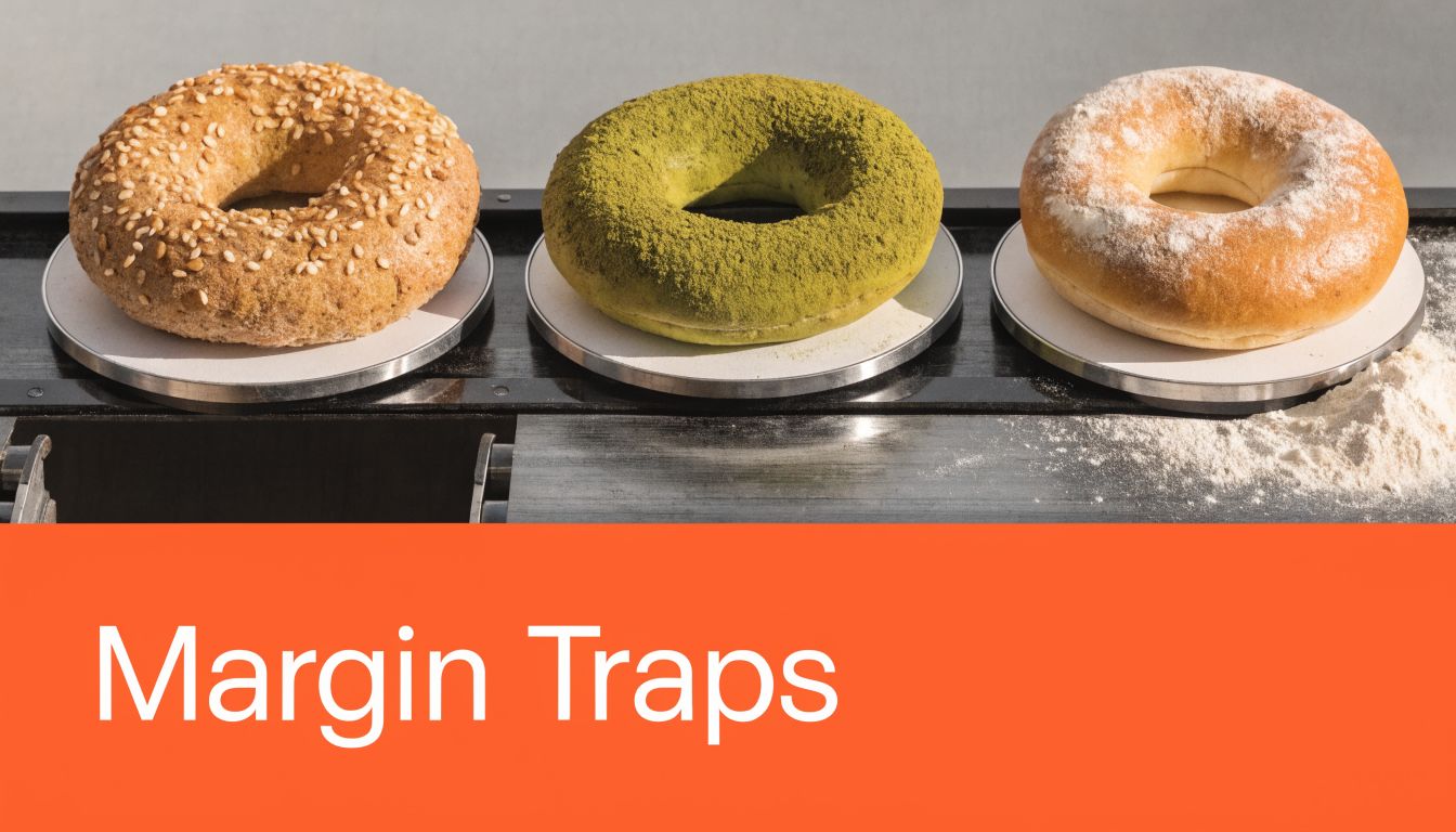 Three different types of bagels displayed on a black surface above an orange banner with text.