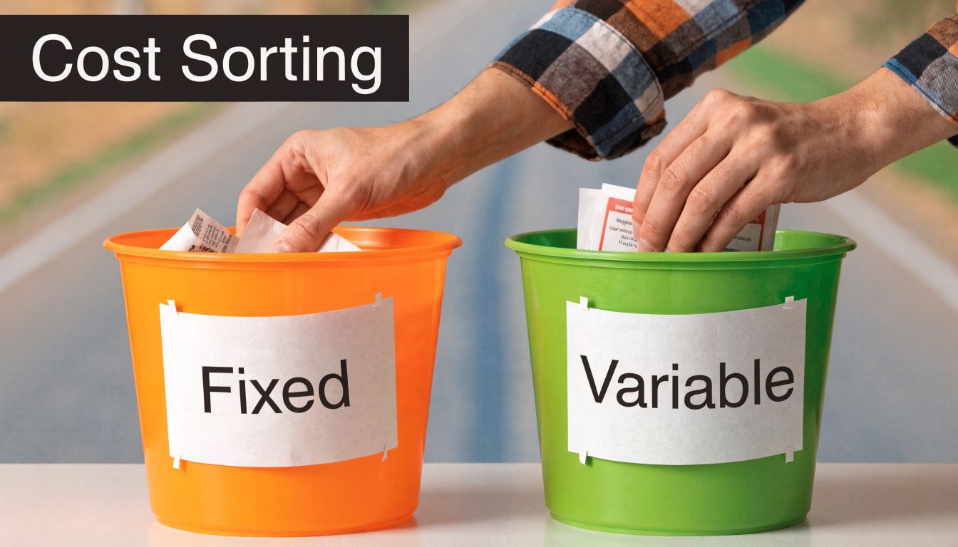A person sorting papers into two buckets labeled Fixed and Variable costs to manage business finances.
