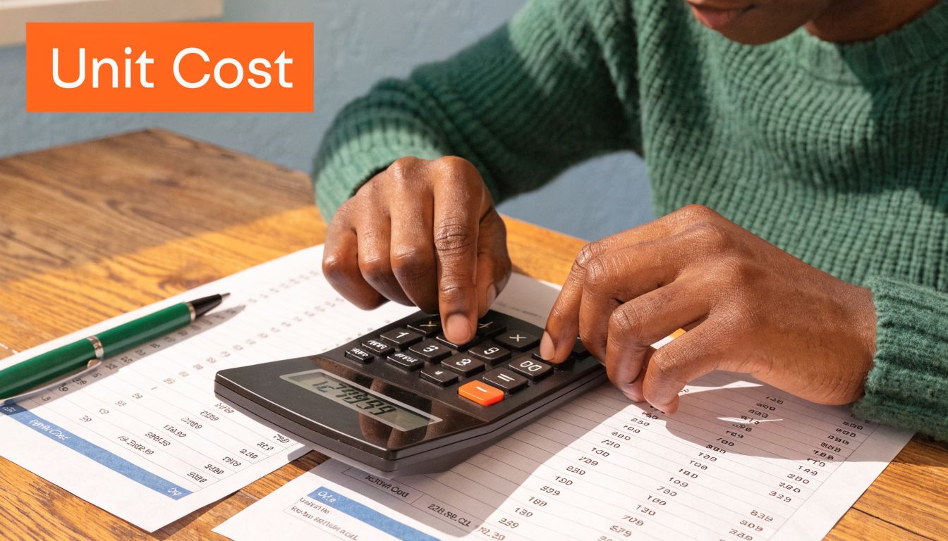 A person in a green sweater using a calculator to figure out unit cost on a document.